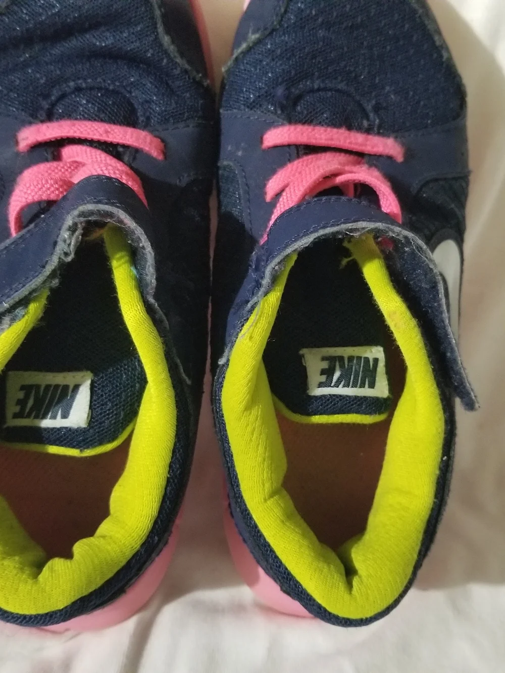 Nike Kid's 1Y Navy Blue Sneakers with Pink Laces and Soles & Lime Green Interior